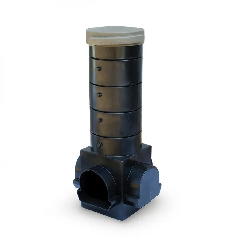 A black snorkel vault and cap designed for cleaning wetland filtration systems.