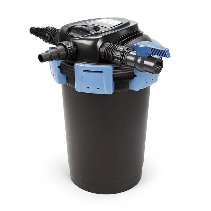 The image shows a black Aquascape UltraKlean 3500 Pond Filter with blue fittings.