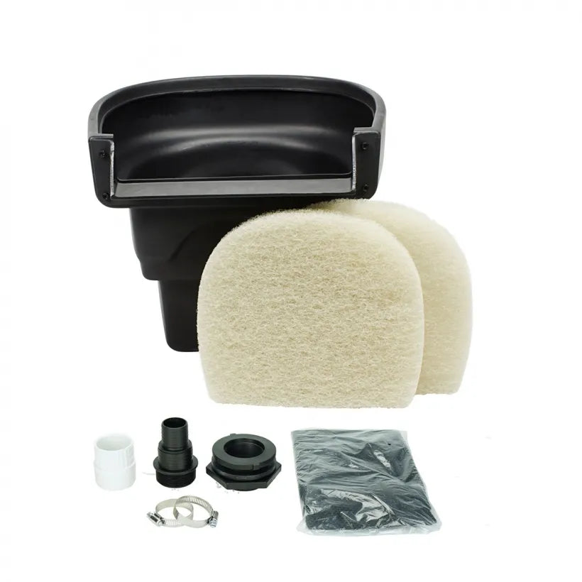 The image shows the components of the Signature Series 1000 BioFalls Filter which includes a black polyethylene body, beige foam filters, and clear silicone screws along with other installation accessories.
