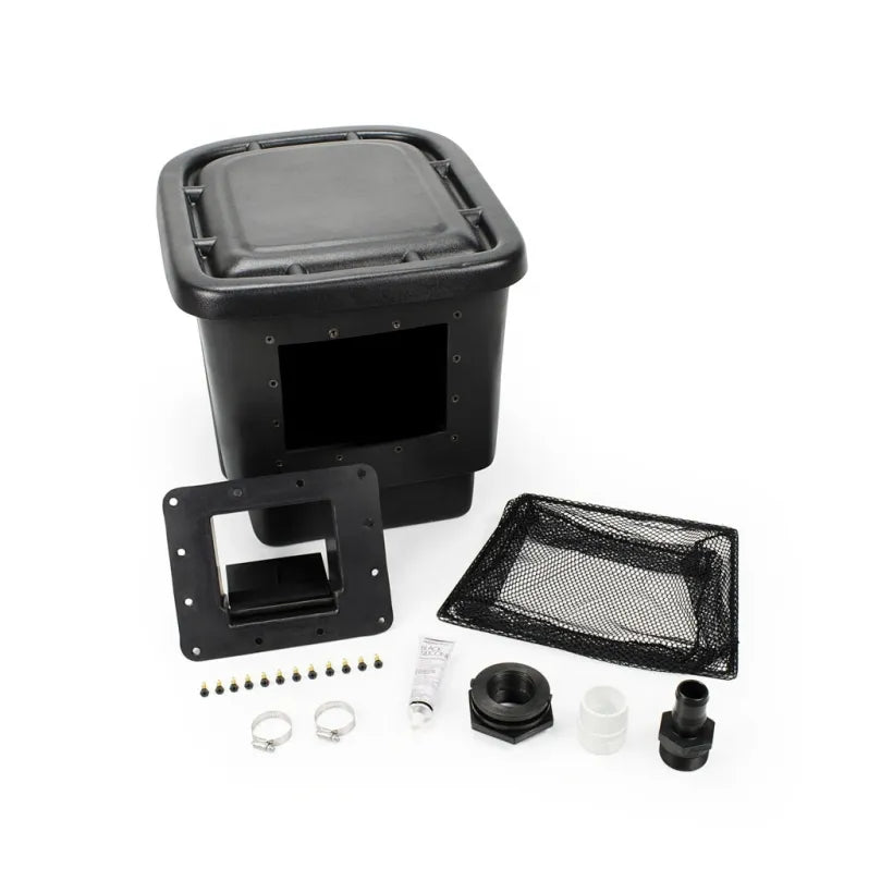 A black Aquascape Signature Series 200 Pond Skimmer with components laid out around it, including a leaf and debris net, hardware, and a lid.