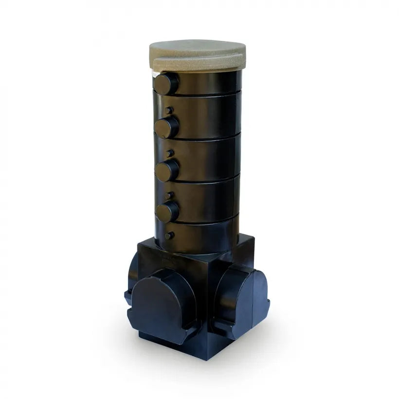 A black snorkel vault and cap designed for cleaning wetland filtration systems.