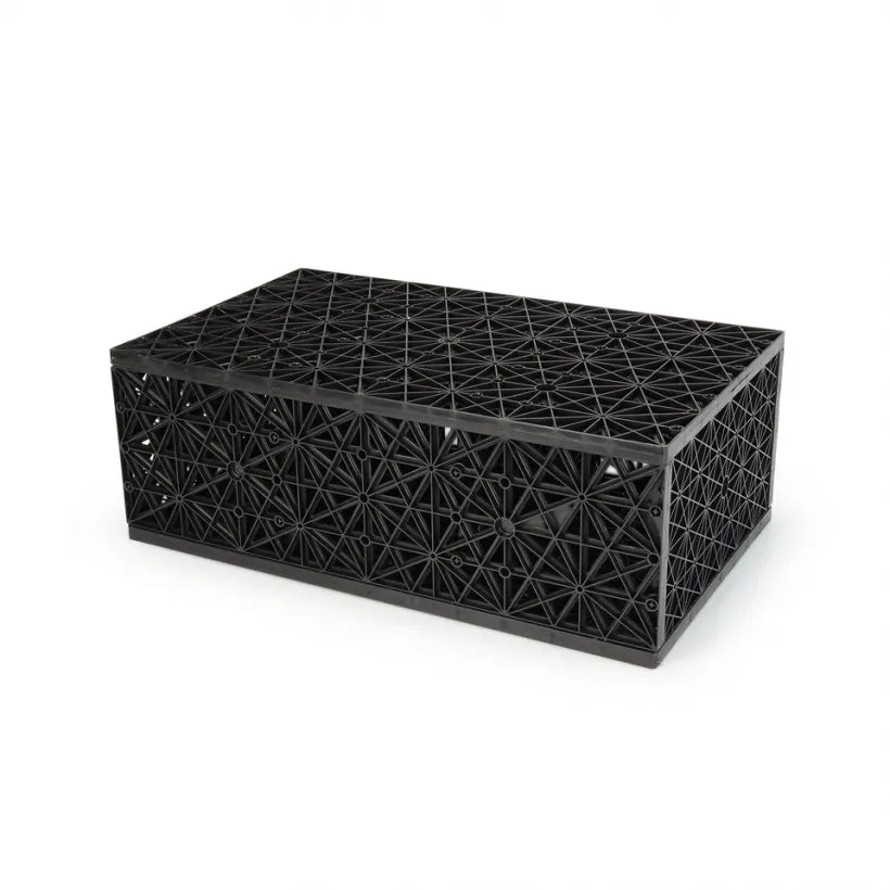 A black rectangular Aquascape AquaBlox water storage module with a geometric grid design.