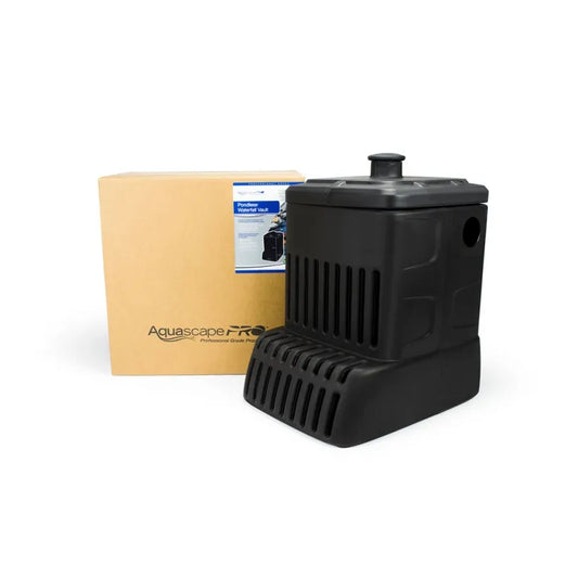 An Aquascape Pondless Waterfall Vault, which is a black pump vault used for integrating with AquaBlox and protecting pumps in water features, displayed alongside its packaging box.