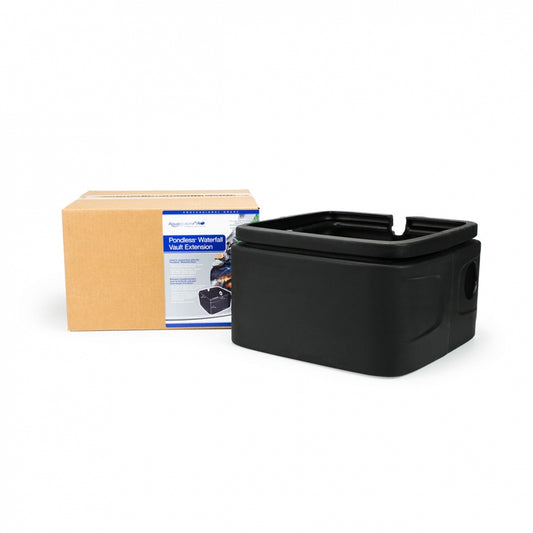 A black polyethylene Pondless Waterfall Vault Extension next to its packaging box.