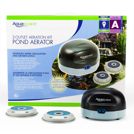 Packaging for the Aquascape 2-Outlet Pond Aeration Kit featuring the product and its components, including air stones and aerators.