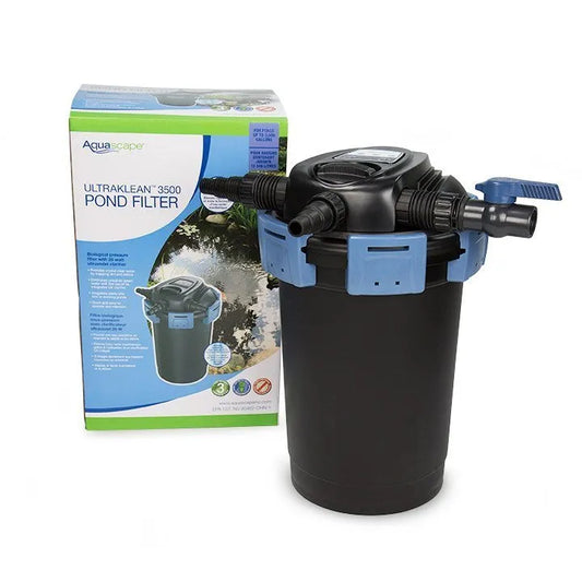 The image shows a black Aquascape UltraKlean 3500 Pond Filter with blue fittings alongside its packaging box.