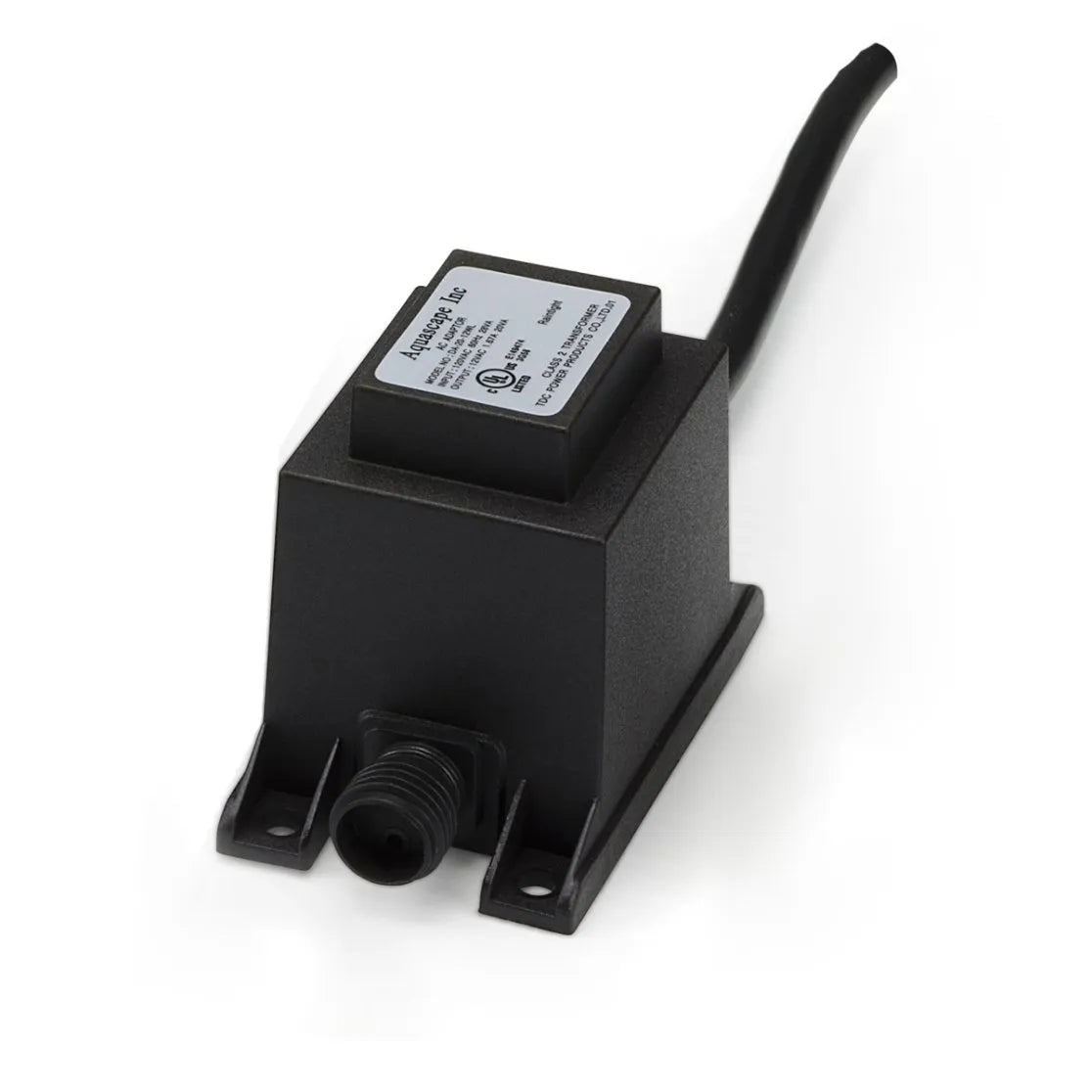 A black Aquascape low-voltage transformer with a quick-connect cable port for operating 12V low voltage water feature lighting systems.