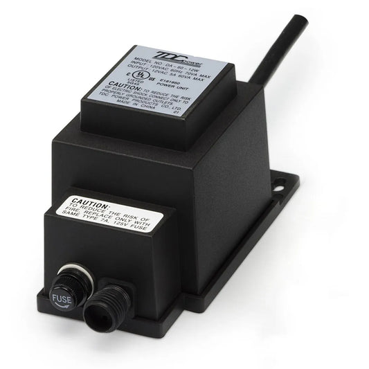 A black Aquascape low-voltage transformer with a quick-connect cable port, fuse, and power cord.