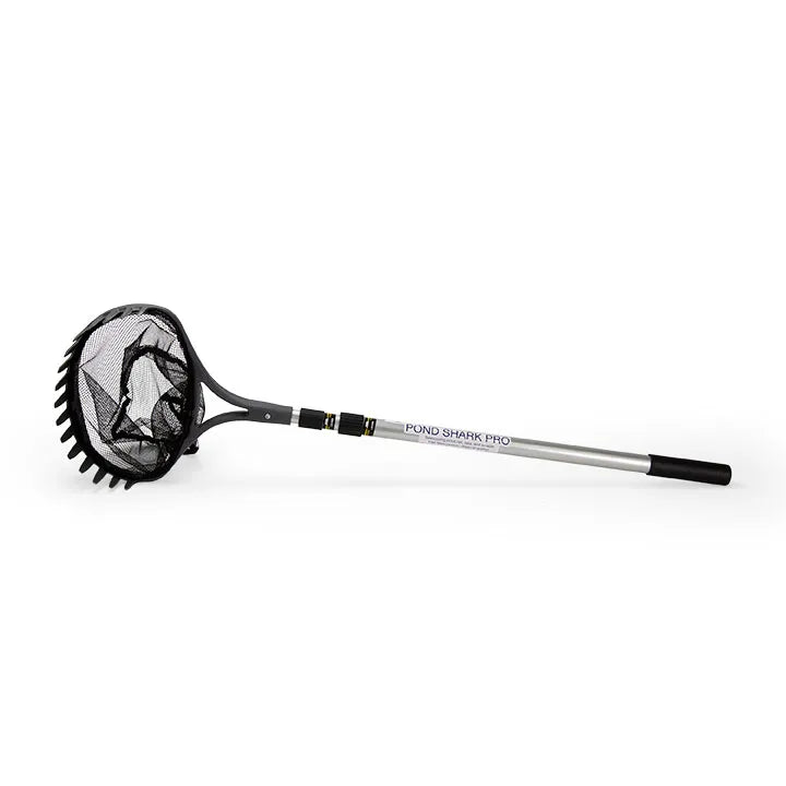 A professional-quality pond net with a black handle and netting, featuring a raking and scraping blade attached to the handle.