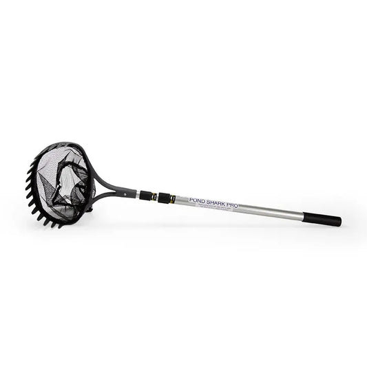 A professional-quality pond net with a black handle and netting, featuring a raking and scraping blade attached to the handle.