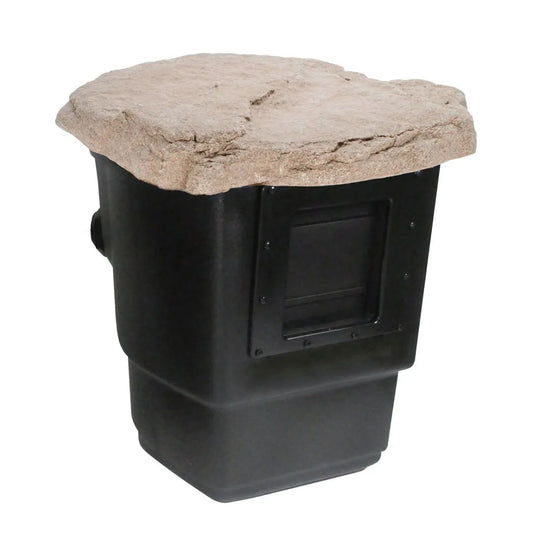 A black Aquascape Signature Series 1000 Pond Skimmer with a natural-looking faux rock lid on top.