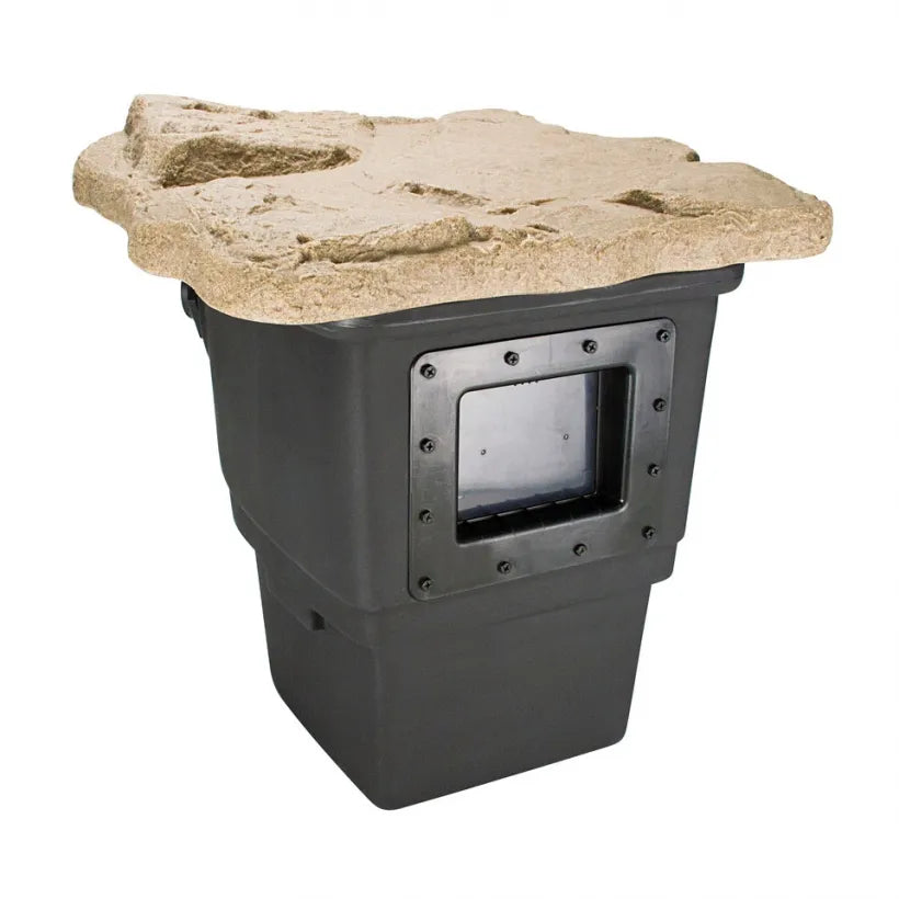 A black Aquascape Signature Series 400 Pond Skimmer with a natural-looking faux rock lid on top.