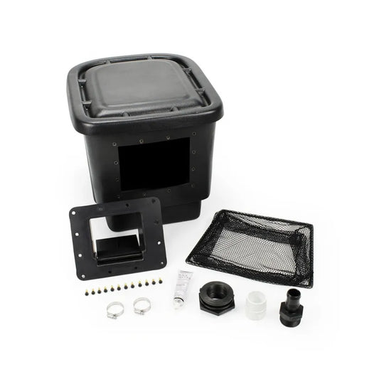 A black Aquascape Signature Series 200 Pond Skimmer with components laid out around it, including a leaf and debris net, hardware, and a lid.